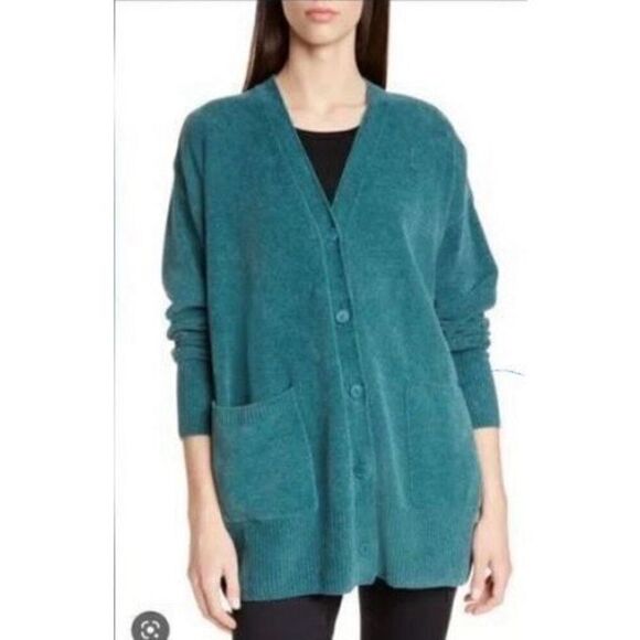 Eileen Fisher Wommen's XXS Organic Cotton Longline Button Front Cardigan Teal - Picture 2 of 12